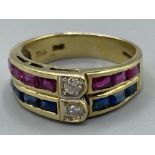 18ct gold fancy Ruby, sapphire & diamond ring, size O, 4.9g gross