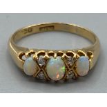 Vintage 1945 18ct yellow gold & 3 stone Opal & diamond set ring, size N, 2.7g gross