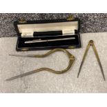 Boxed and tubed BSA tinsley thickness gauge together with 2 antique steel and brass calipers