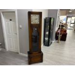 Oak framed Art Deco long cased grandfather clock, with pendulum & brass weights