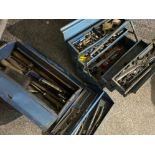 Two vintage cantilever metal tool boxes both containing a mixture of tools