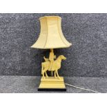 Oriental composition figural table lamp & shade with a man on horse upon stepped plinth design base