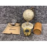 Very heavy retro brass world globe with cased chamaco compass also with a boxed captain cook high