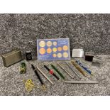 Tray of first issue edecimal coins various lighters and pens plus pencils including parker,