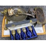 Twin handled Tray containing miscellaneous items includes shoe shine box , cased goblets, scales