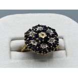 9ct gold sapphire and diamond cluster ring, size L 3.8g