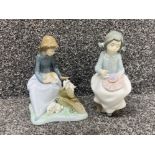 2x Nao by Lladro figures, incudes girl sewing and girl with rabbits