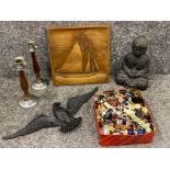 Box of buttons, carved wall plaque, cast iron spread eagle, candle stick holders, Buddha