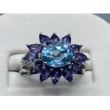 Ladies 9ct white gold blue and purple stone large fancy cluster ring, size M 4g