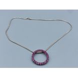 Silver and ruby set xircle pendant and silver snake link necklet, 9.2g 42cm