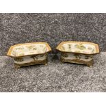 Pair of highly decorated crackle glazed octagonal dishes on raised bracket feet