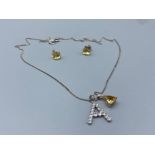 Silver initial A pendant, citrine pendant and yellow paste earrings with silver necklace, 4.41g 51.