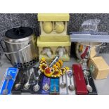 Quantity of boxed crested spoons, silver plated Orchid letter opener, Villeroy & Boch baubles etc