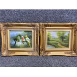 Pair of gilt framed oil on canvas paintings - birds of paradise & yellow brick road - 42x37.5cm