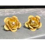 Pair of Ladies 18ct gold diamond rose flower earrings, 8.8g
