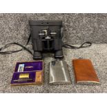 A set of gillette mens shaving kit, 2 hip flasks and binoculars