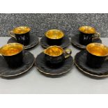 12 pieces of black & gold Wade tea china - 4 cups, 6 Saucers, cream jug & sugar bowl