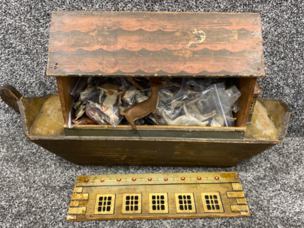 Late 19th century flat bottom toy Noah’s Ark with 56 pairs of carved wooden animals (some with - Image 2 of 3