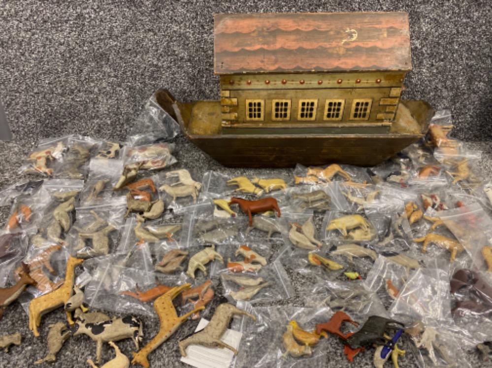 Late 19th century flat bottom toy Noah’s Ark with 56 pairs of carved wooden animals (some with