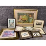 1 pastel still life together with 2 snowy day water colour pictures and prints