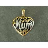 9ct gold Mum heart pendant 1.3G