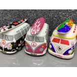 3x camper van (Volkswagen) ceramic money boxes, all complete with stoppers - 2x Hot Lemon & 1x