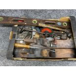 Box of miscellaneous vintage tools including woodworking planes, drill bits etc