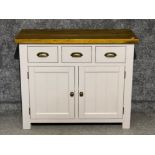 Pine topped sideboard fitted with 3 drawers & below cupboards - 105x44cm, height 87cm