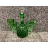 Large green glass decanter complete with stopper & 4 matching wine glasses