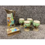 A hand painted J Wood water pitcher & 4 matching cups with cigarette box