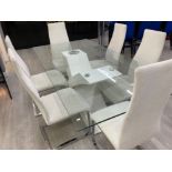 Large contemporary rectangular shaped dining table & 6 cream metal based chairs (chrome effect)