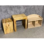 Light oak effect occasional table & matching block, plus modern 2 section hanging shelves