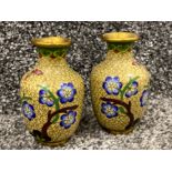 Pair of true Cloisonne miniature yellow vases deco tree