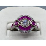 A silver CZ and rubilite art deco style ring, 4g size O