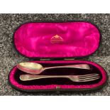 Antique hallmarked London silver two piece spoon & fork set dated 1892 & 1897, with original box,