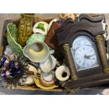 Box of miscellaneous items including child’s doll, repro mahogany mantle clock, China & glassware