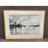 Framed watercolour painting of the River Tyne by Albert H. Herbert, dated 1972 - 53x35cm