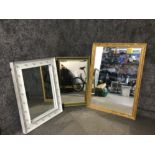 Large gilt framed mirror together with small mirror with bevel edge plus modern mirror with