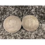 Antique Great Britain Queen Victoria 1889 silver half crown brooch (2x coins)