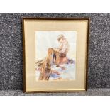 Framed watercolour painting by Tom Manson - fisherman with net, signed bottom right, 20x25cm