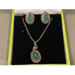 Silver & green stone pendant necklace & earrings set