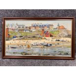 Mahogany framed oil on canvas painting of cullercoats by Ken Short, signed & dated 1997 by the