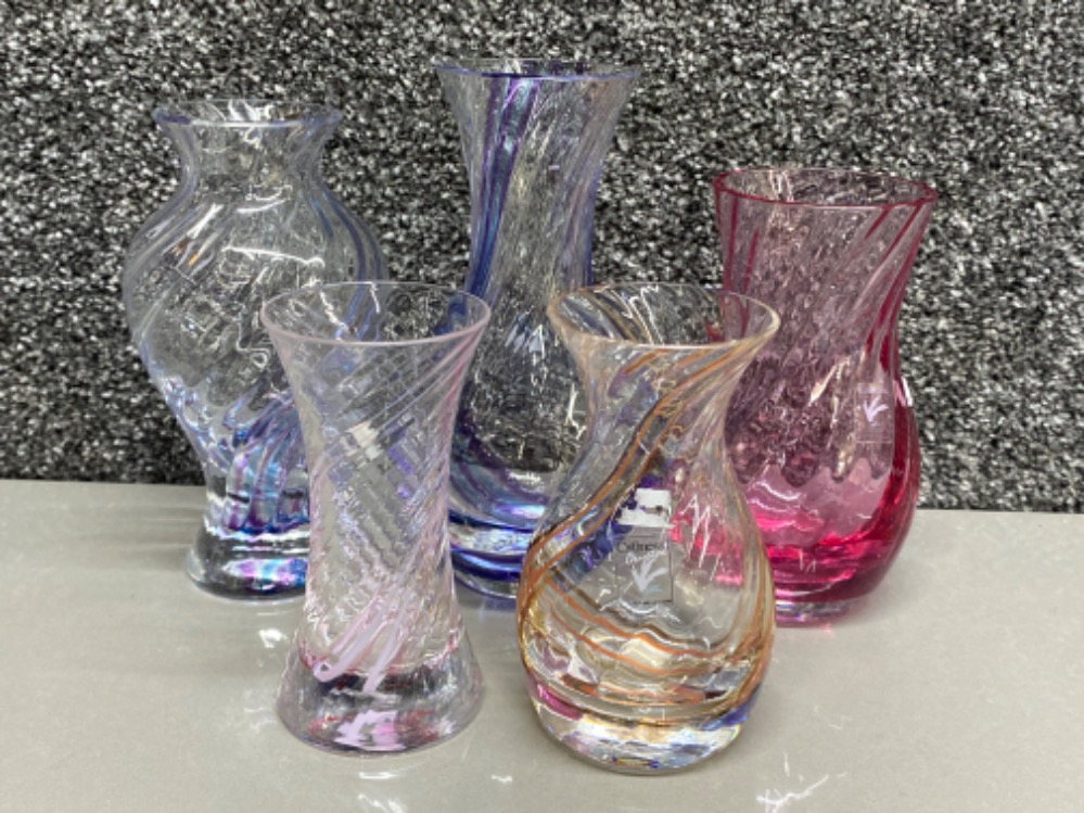 Total of 5 vintage coloured glass Caithness vases