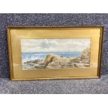 Gilt framed watercolour painting of “Table Rocks” Whitley Bay - signed by the artist A.J.Sticks,