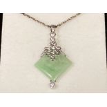 Silver, jade & diamond set pendant & silver chain, 6.6g