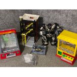 Box containing 2x child’s toy arcades, robot & model Batmobile etc