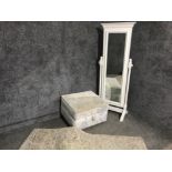 Modern cheval mirror in white together with Footstool and rug