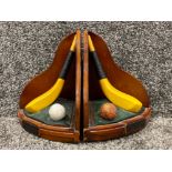 Pair of wooden & resin novelty golf themed bookends (Philp Club feathery ball C1840 & McEwan club