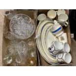 2 boxes of miscellaneous antique glassware & mixed tea & dinnerware
