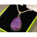 Silver 925 pendant with large purple stone on silver chain, 19.5G gross